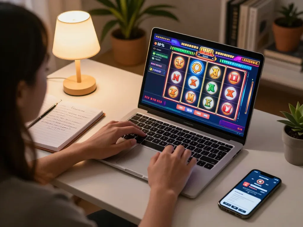 Player engaging with online casino at alo88 eu com, showcasing vibrant slot interface and strategic notes.