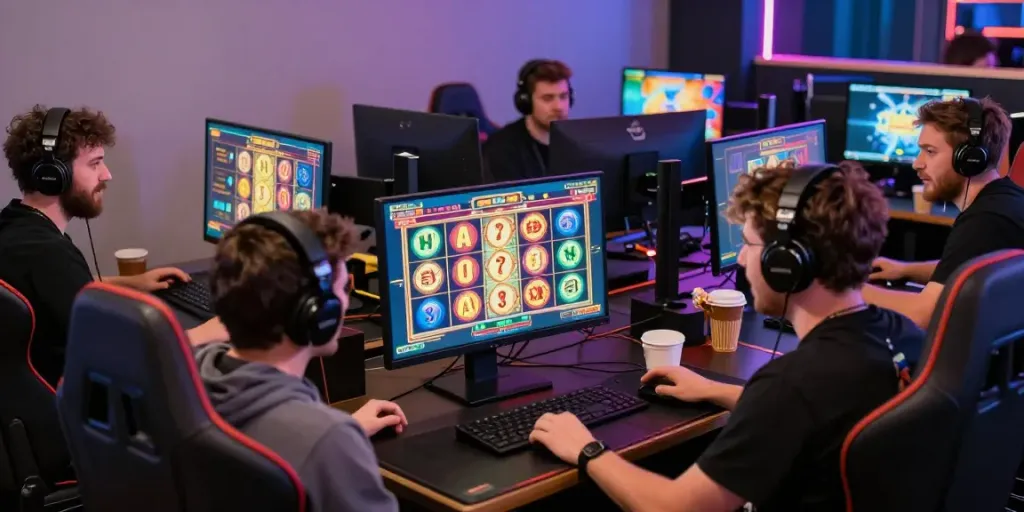 Pengalaman bermain sniperslot dengan pemain terlibat di depan layar komputer gaming yang canggih.