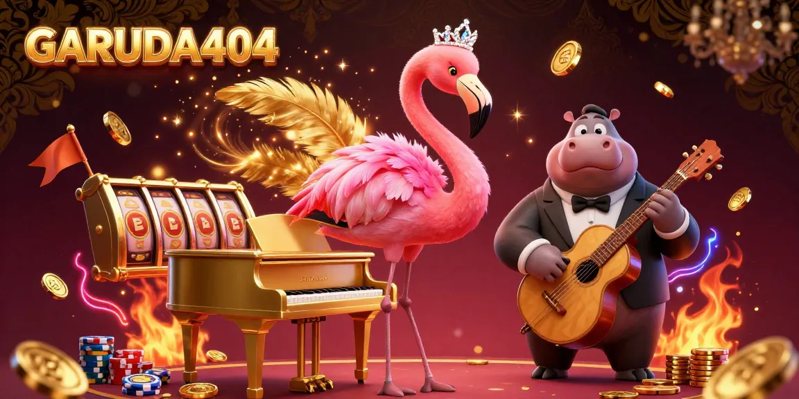 Experience thrilling gaming with GARUDA404 at vibrant 3D casino illustration featuring singers, ambiance, and gold coins.