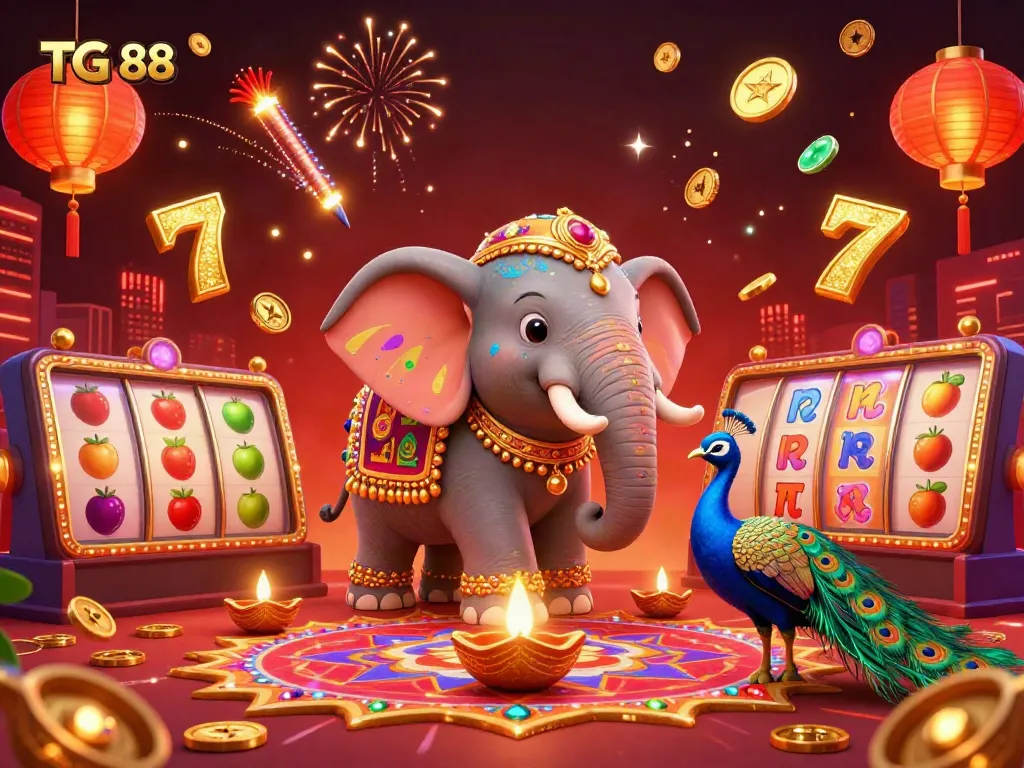 Experience the TG 88 casino vibe with a colorful elephant and vibrant slot reels in a dynamic scene.