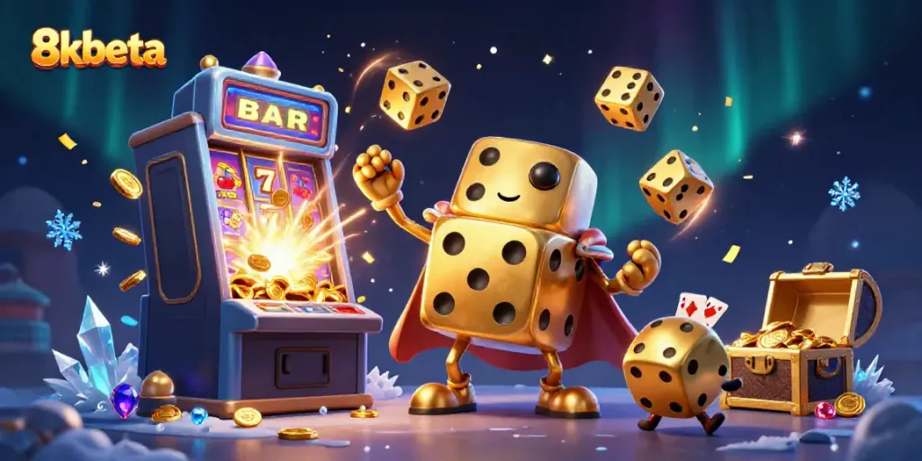 Engage with 8xbeta in an energetic casino scene featuring a golden dice golem and slot machine.