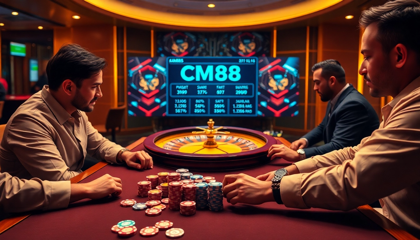 Experience the excitement of CM88 at a luxurious casino table with vibrant chips and cards.