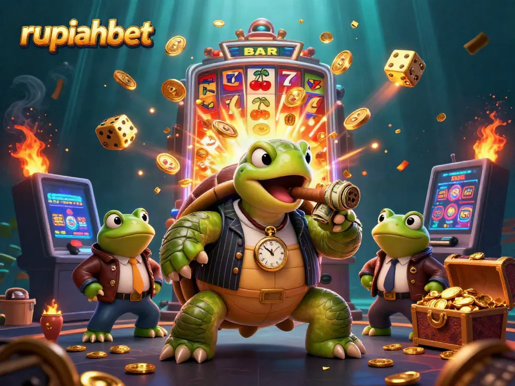 Experience the excitement of rupiahbet with a thrilling scene of a mobster turtle and bullfrog enforcers among casino wonders.