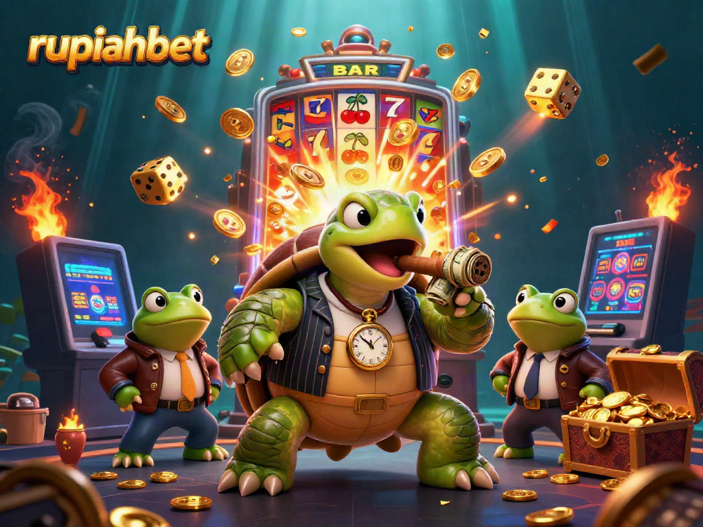 Experience the excitement of rupiahbet with a thrilling scene of a mobster turtle and bullfrog enforcers among casino wonders.