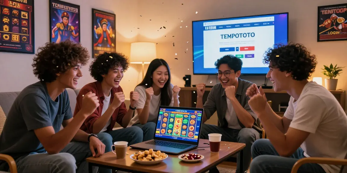 TEMPOTOTO login interface in a lively living room gaming scene, friends celebrating a win while enjoying online togel.