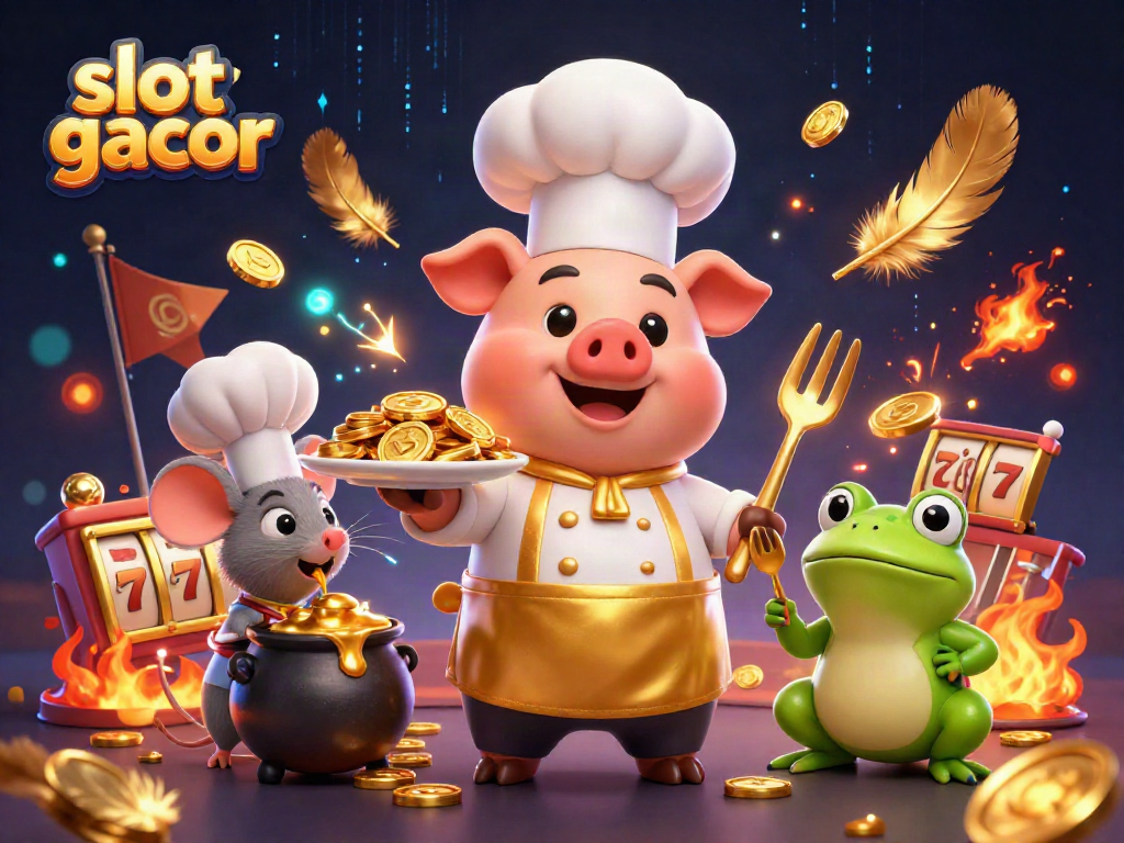 Gambarkan slot gacor dengan karakter grafis kasino menyajikan koin emas.