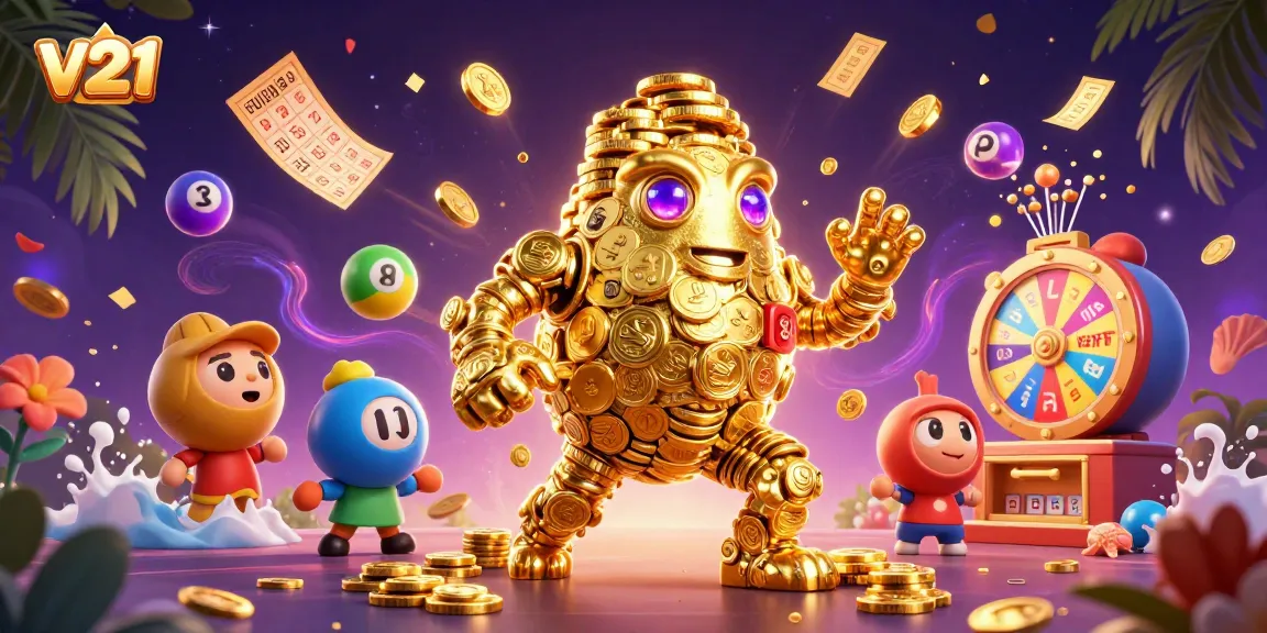 Menangkan hadiah menarik di v21 dengan golem emas yang penuh koin berkilau dan elemen kasino yang seru.