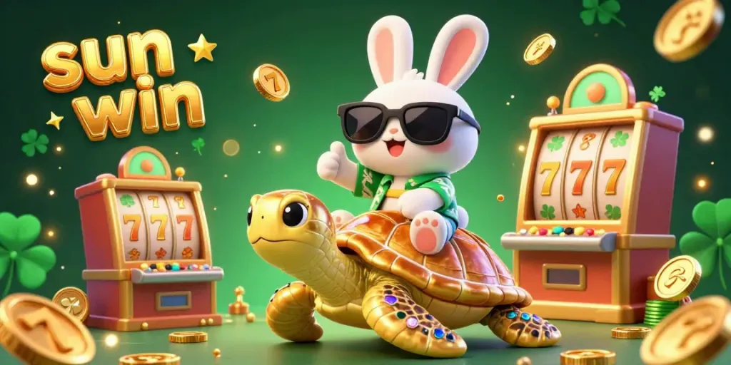 Spin the reels and win with Sun Win's thrilling casino experience, highlighted by a lucky rabbit and golden turtle.
