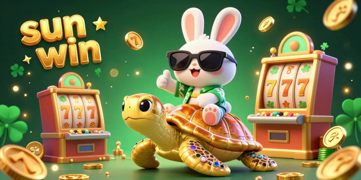 Spin the reels and win with Sun Win's thrilling casino experience, highlighted by a lucky rabbit and golden turtle.
