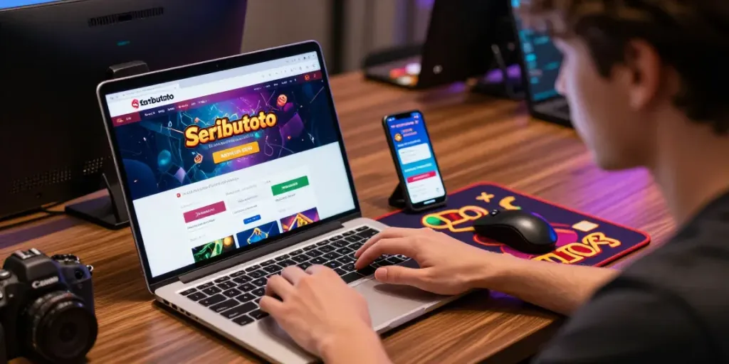 Proses Seributoto Login dengan pengguna fokus di meja komputer dan antarmuka situs yang cerah.