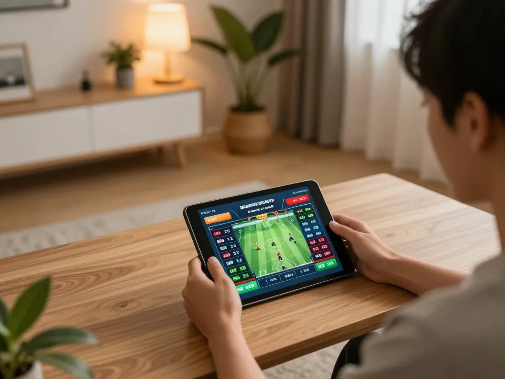 Engaged player using tablet for sports betting on luckywinzdev in a cozy home environment.