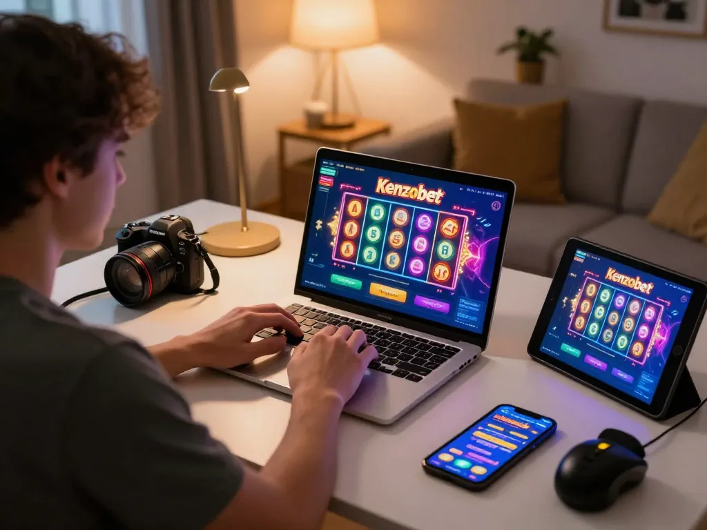 Kenzobet slot gameplay displayed on a laptop, showcasing vibrant interface and online gaming atmosphere.