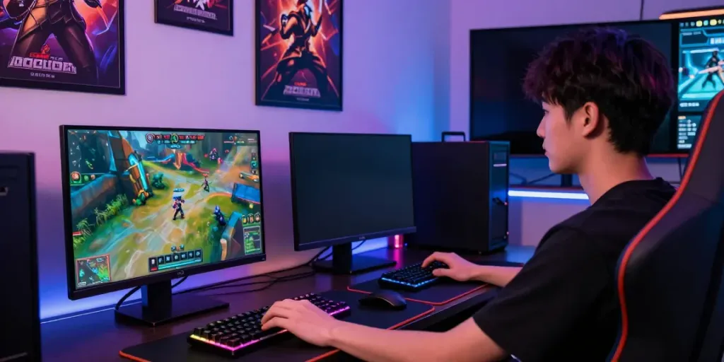 Gamer bermain di QQGOBET dengan setup modern dan atmosfer kompetitif.