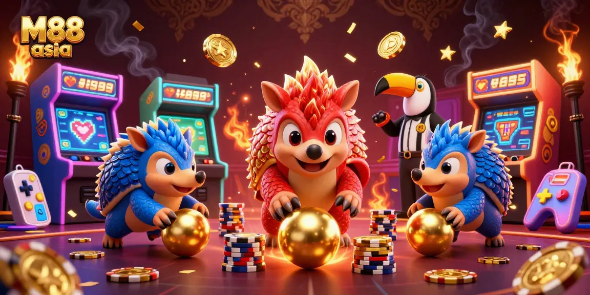 M88 asia showcases lively pangolin characters engaging with poker chips in a vibrant casino setting.