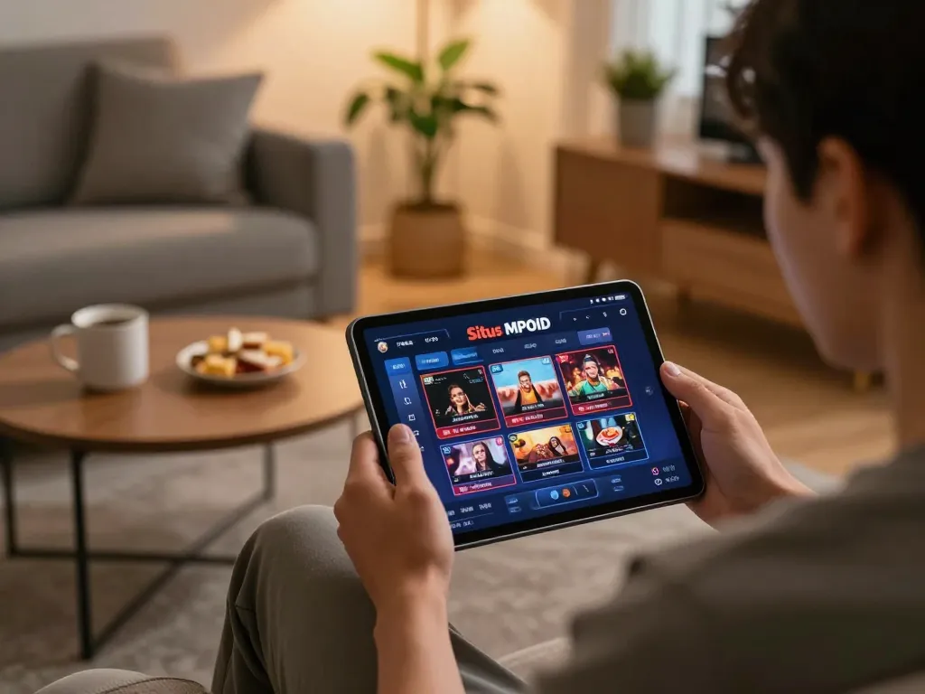 Player engaged with Situs MPOID mobile gaming app in a cozy home setting, highlighting online casino experience.