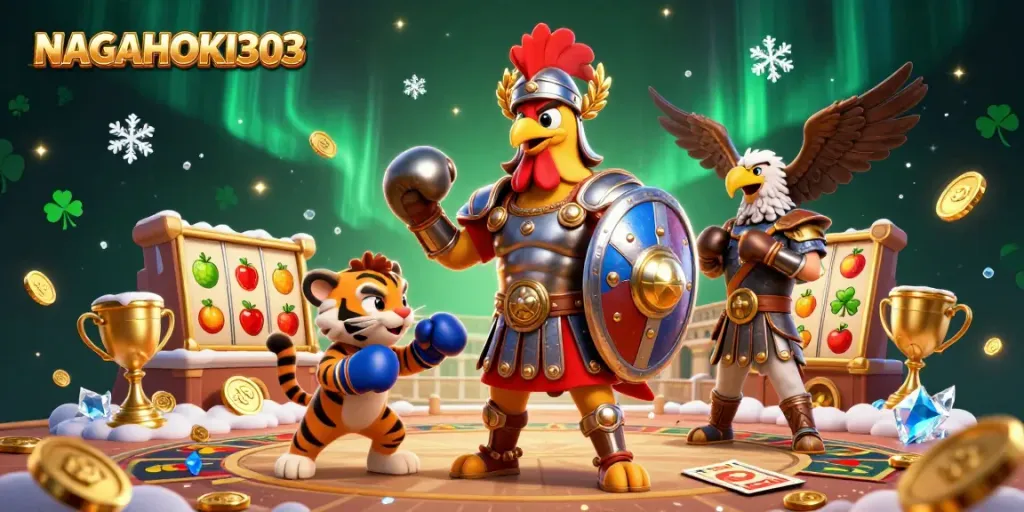 NAGAHOKI303 showcases dynamic slot gaming with a gladiator rooster and tiger cub in action.