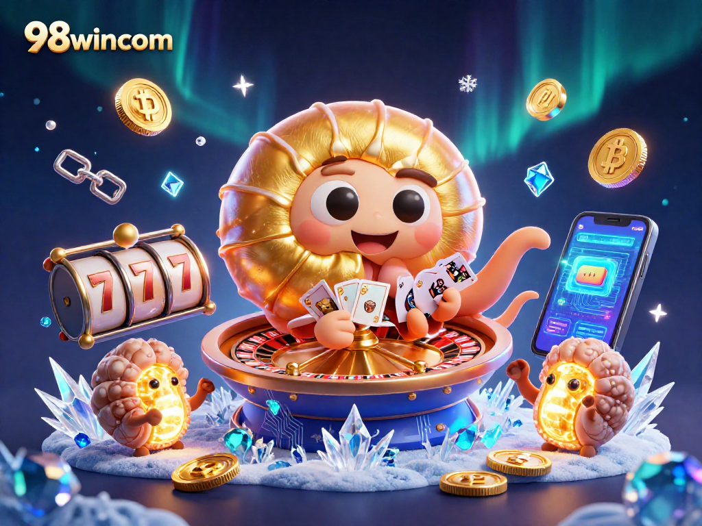 Join the action at 98wincom with vibrant, interactive casino elements depicting winning hands and crypto.
