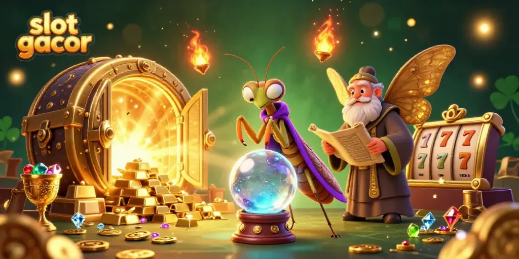 Ilustrasi slot gacor dengan karakter, harta karun, dan elemen slot yang menarik.