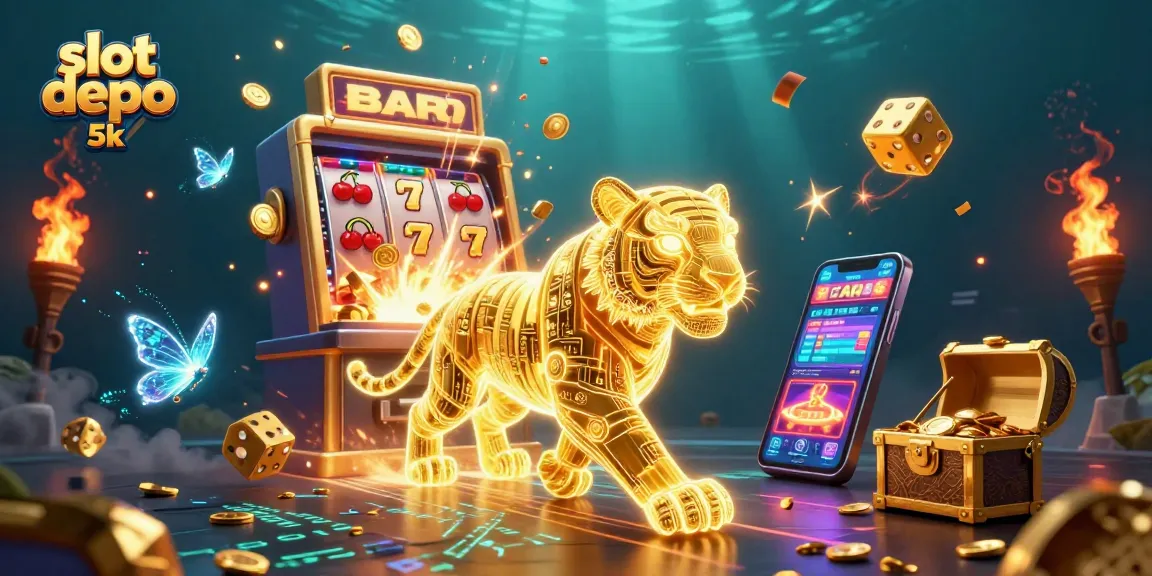 Experience the excitement of slot depo 5k with a vibrant 3D casino scene featuring a golden tiger and jackpot symbols.