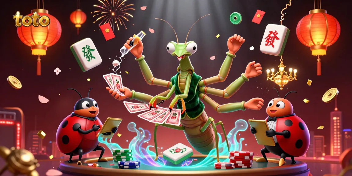 ilustrasi toto yang menarik dengan mantis pemegang kartu dan lalat pit boss yang seru