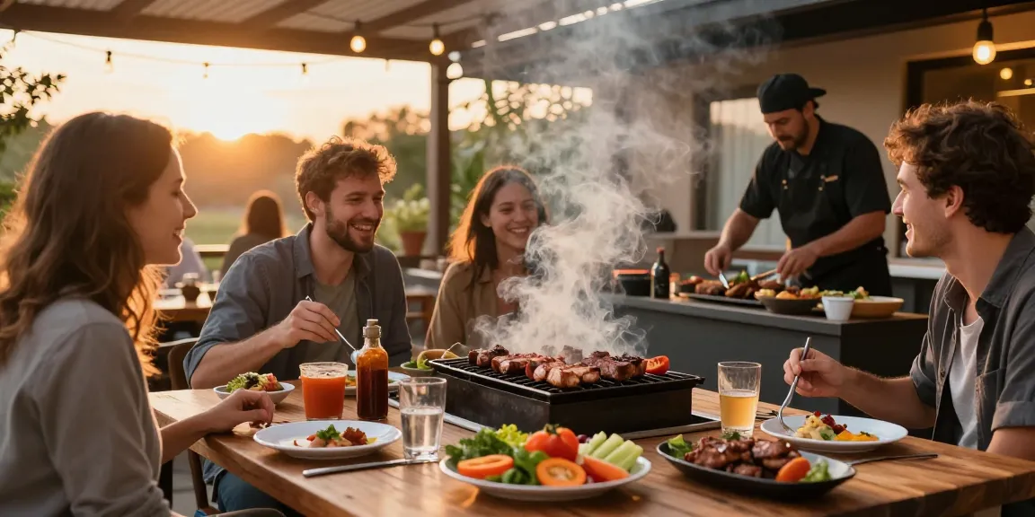 Pengunjung menikmati hidangan barbeque BOS88 di ruang makan outdoor yang nyaman.