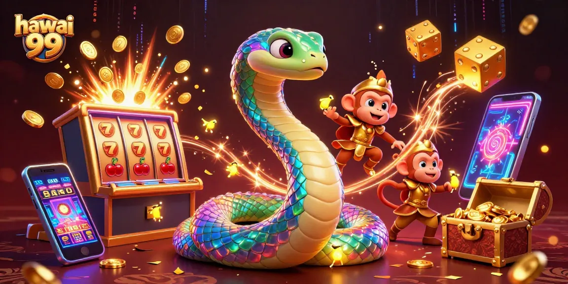 Experience the excitement of hawai 99 with a vibrant slot machine bursting coins and a playful monkey king in action.