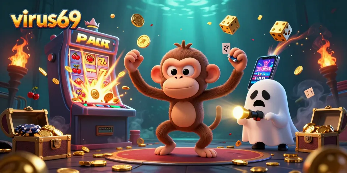 Engage in thrilling gameplay with virus69 featuring playful characters in a vibrant casino setting.