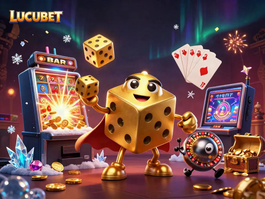 LUCUBET showcases a vibrant scene of a golden dice golem juggling while surrounded by casino game elements.