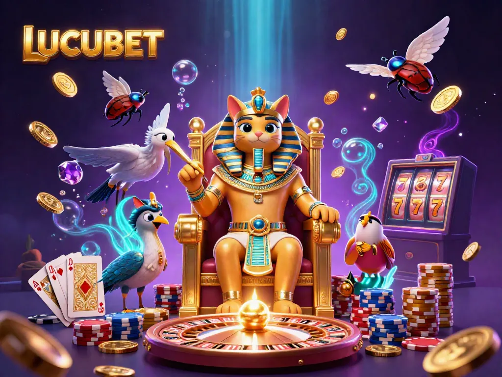 LUCUBET showcases a vibrant casino scene with an Egyptian pharaoh cat and riches while spinning a roulette wheel.
