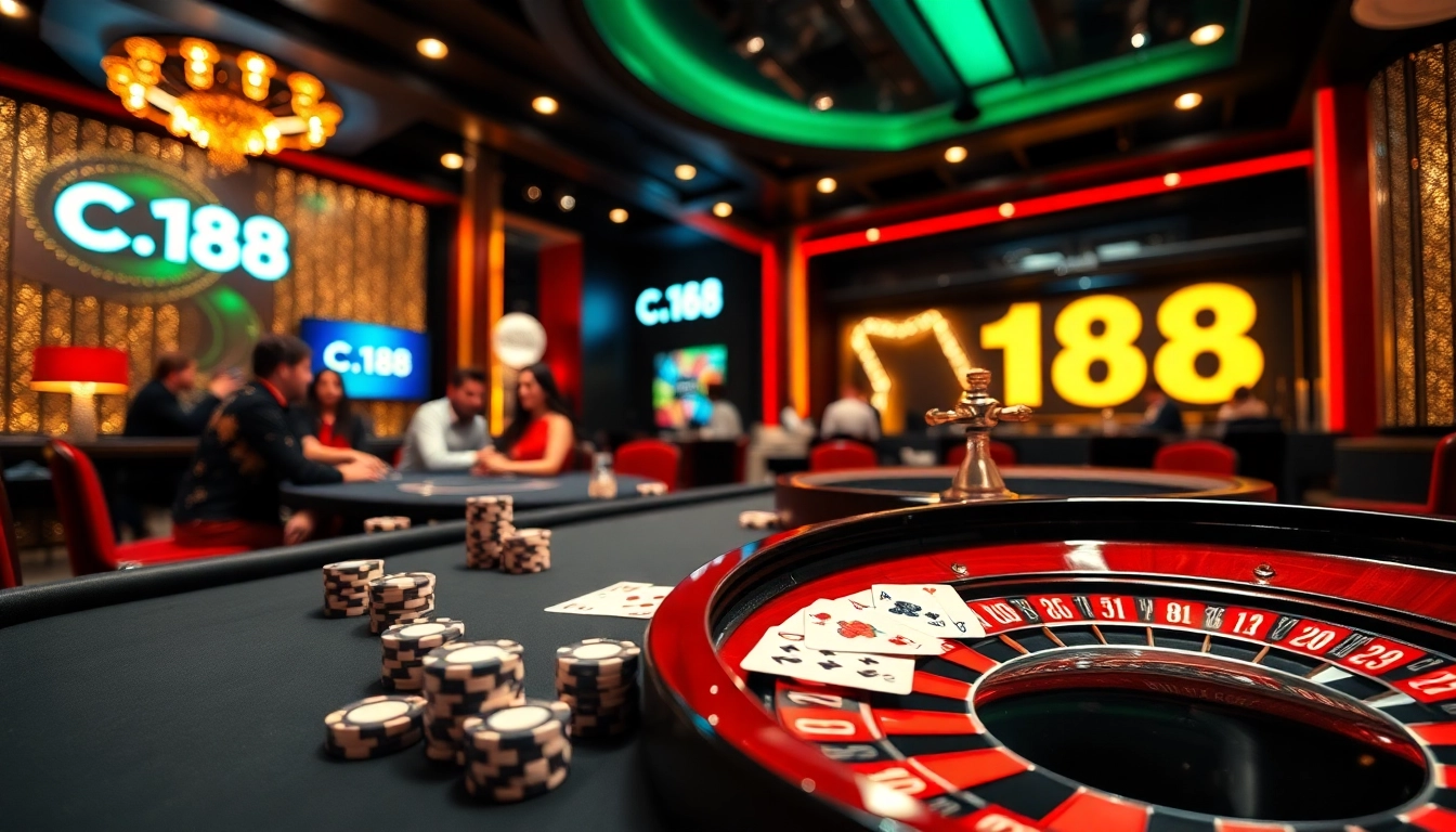 Casino players enjoying a thrilling game at C 168 with vibrant poker chips and a spinning roulette wheel.