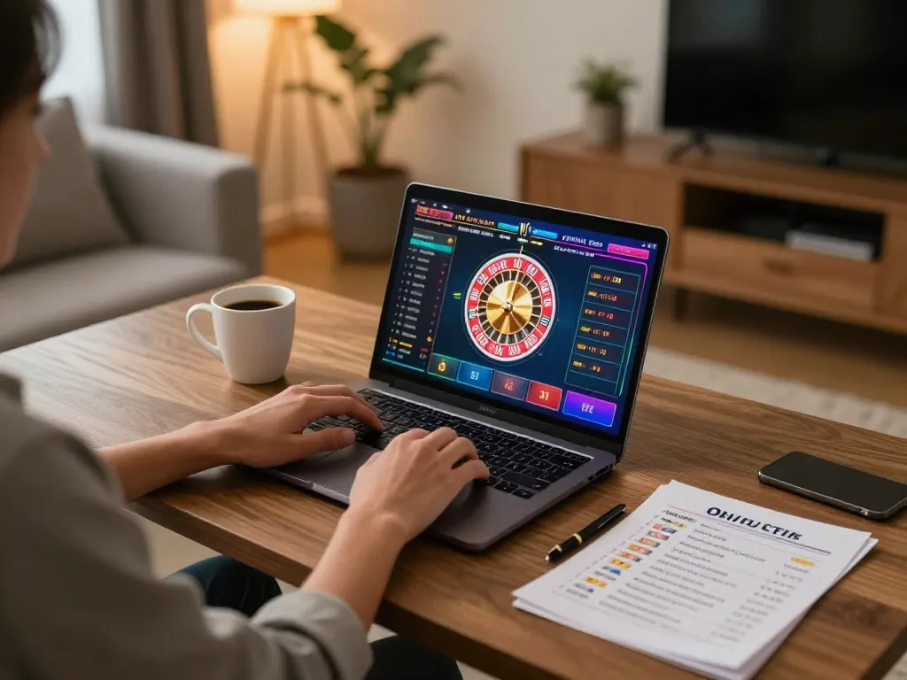 Engaging online gaming with llwin on a laptop, showcasing roulette and warm home atmosphere.