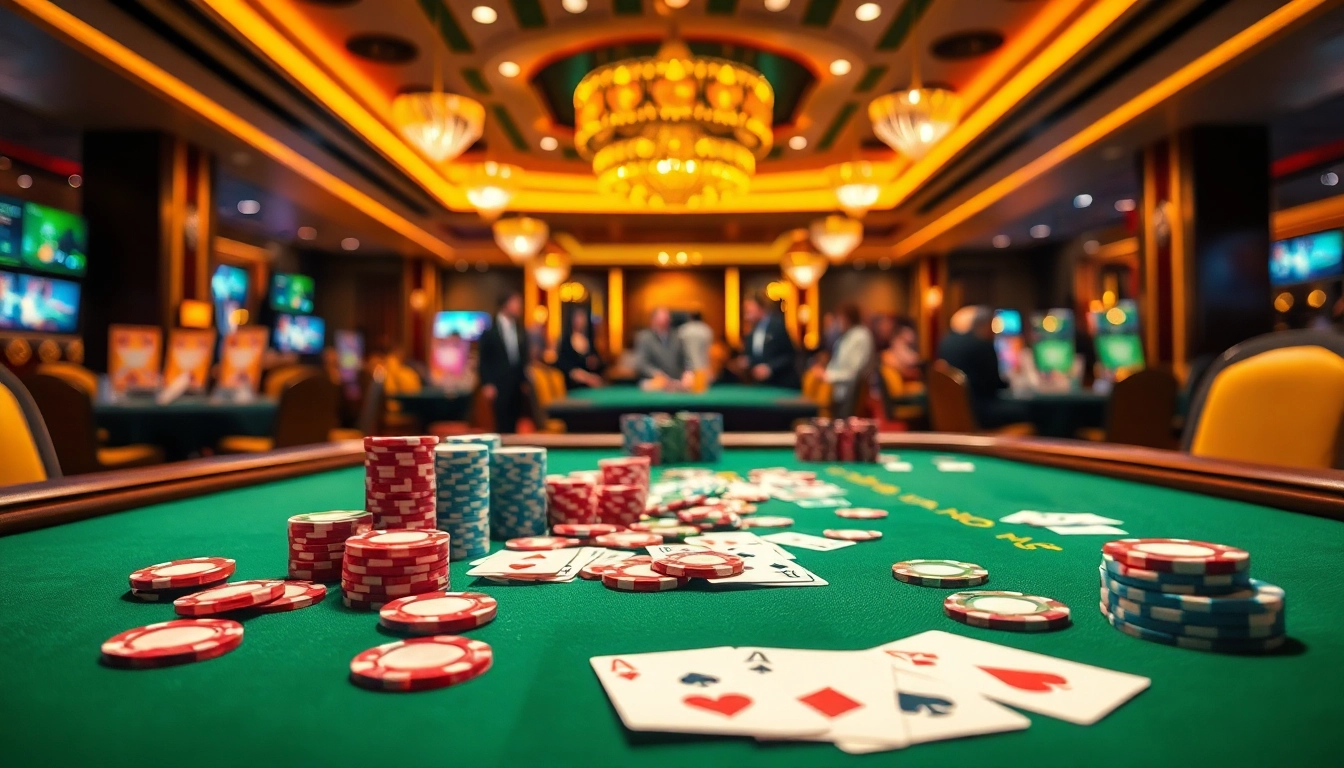 Menang di meja kasino oja89 dengan chip warna-warni dan suasana meriah.