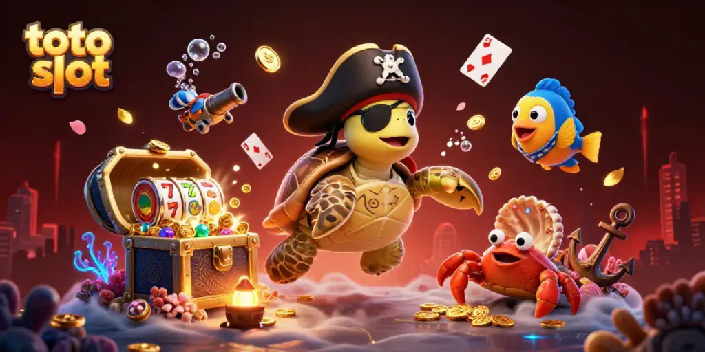 Ilustrasi 3D toto slot dengan karakter kura-kura bajak laut dan simbol mesin slot.