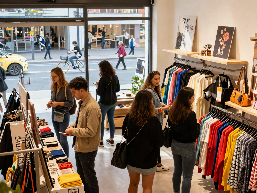 Bro138 shoppers exploring vibrant e-commerce boutique in urban setting with stylish displays.