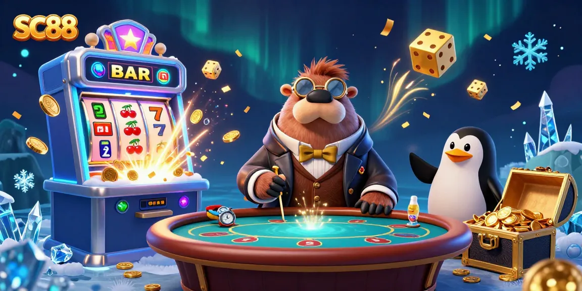 SC88 players enjoy a bustling underwater casino scene with a jolly walrus and exciting game elements.