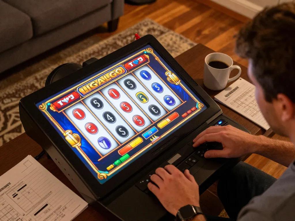 LIGALGO online gaming scene with player actively engaging in slot machine gameplay from home.