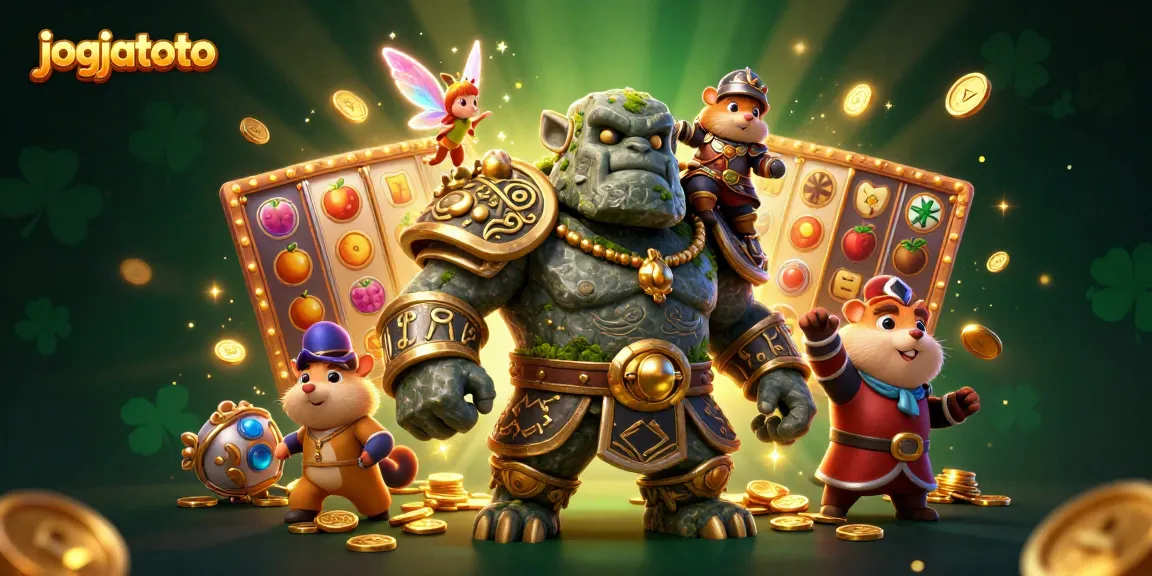 Experience the excitement of jogjatoto with a 3D illustration featuring a mystical golem and fun slot symbols.