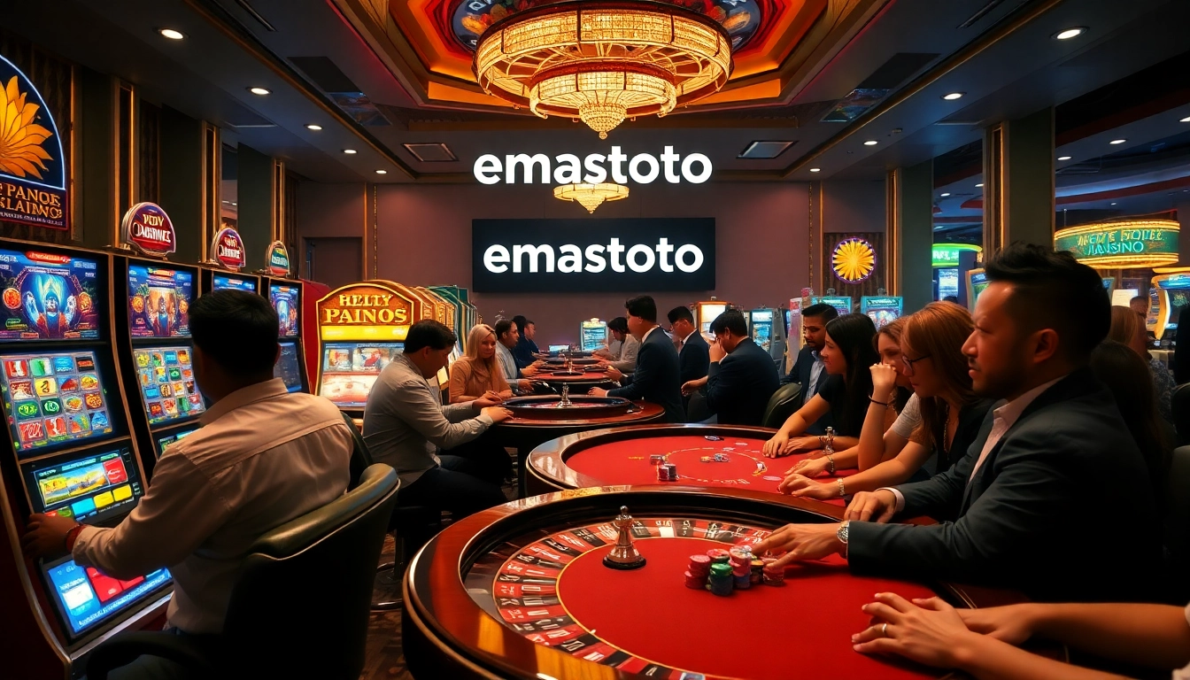 Penjudi menikmati suasana kasino yang hidup, menampilkan mesin slot dan meja poker emastoto yang seru.