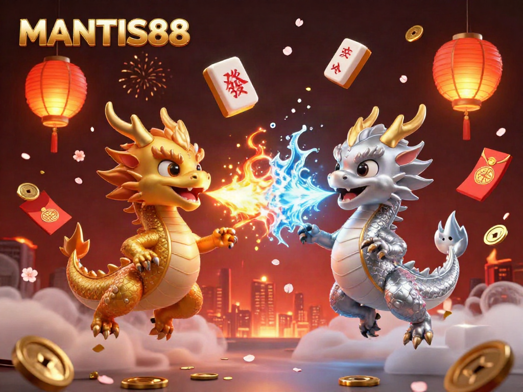 MANTIS88 showcases thrilling gaming action with dynamic dragons and festive elements for online gambling.