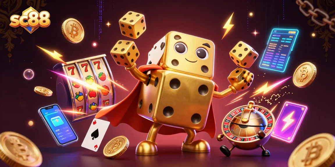 Engage with sc88's captivating 3D casino scene filled with golden dice and vibrant crypto elements.