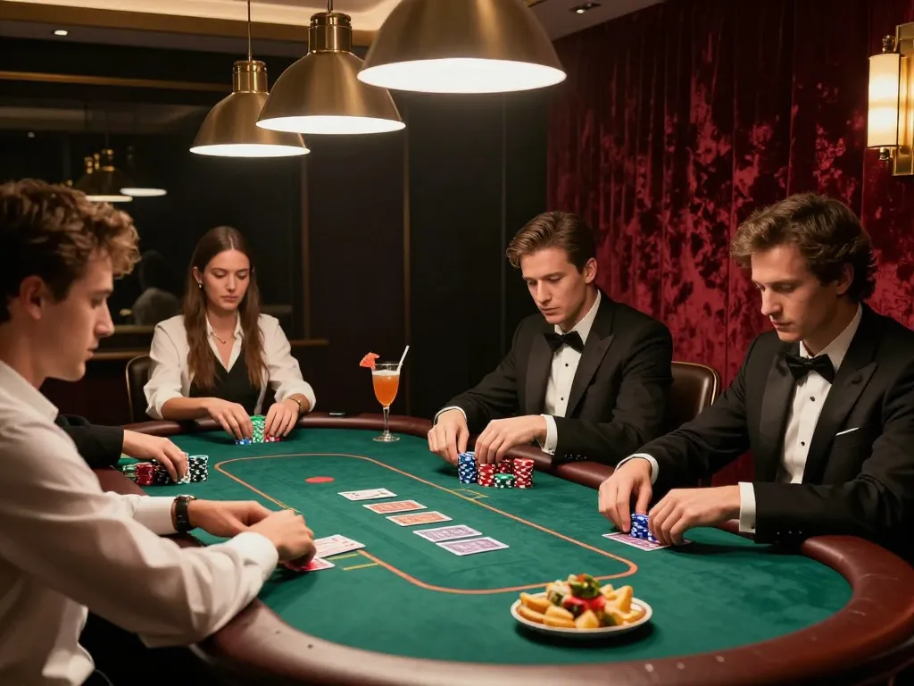 Engaging poker gameplay at a luxurious QQSLOT private gaming table with attentive players.