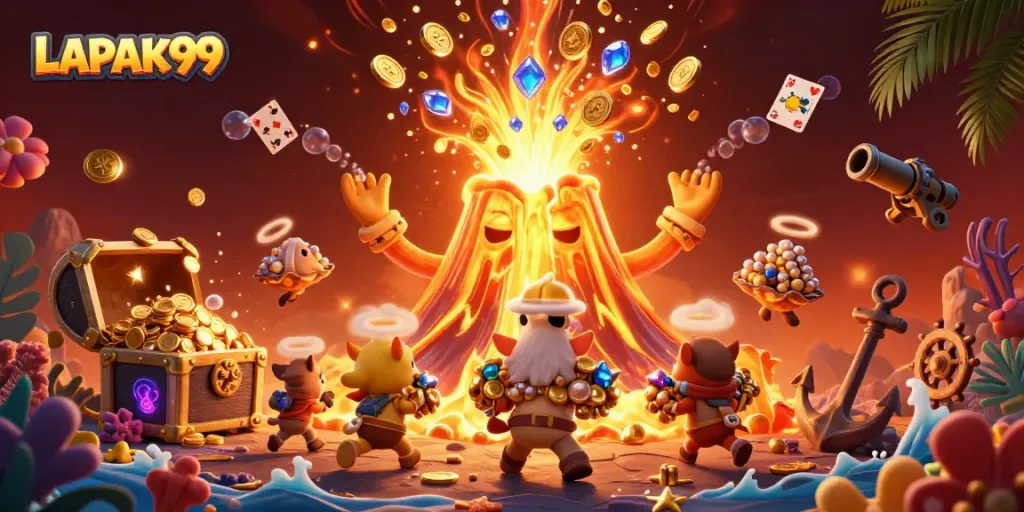 LAPAK99 showcases an exciting 3D scene with a golden volcano erupting treasures and playful animals.