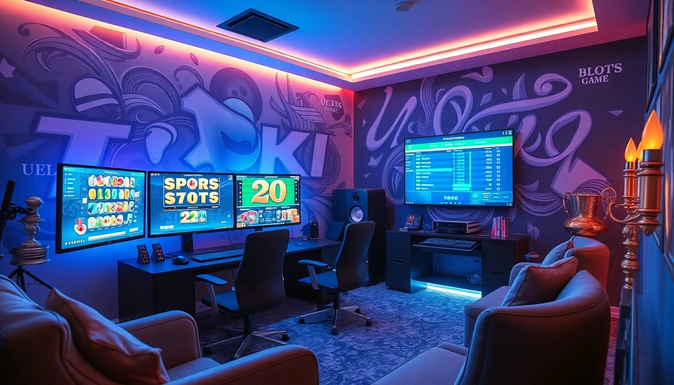 Asupantoto gaming setup featuring slot games and sports betting in a modern environment.