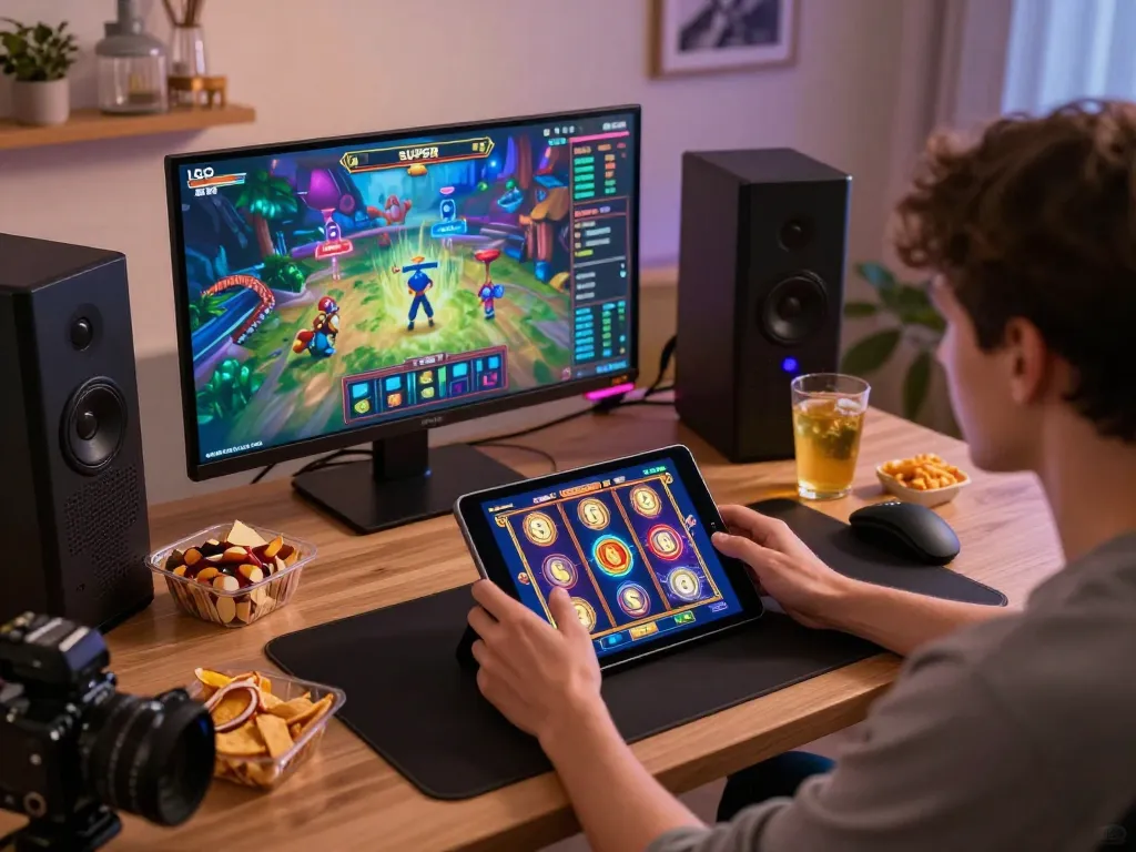 LGO SUPER gameplay on tablet showing vibrant slot graphics while enjoying a cozy home atmosphere.