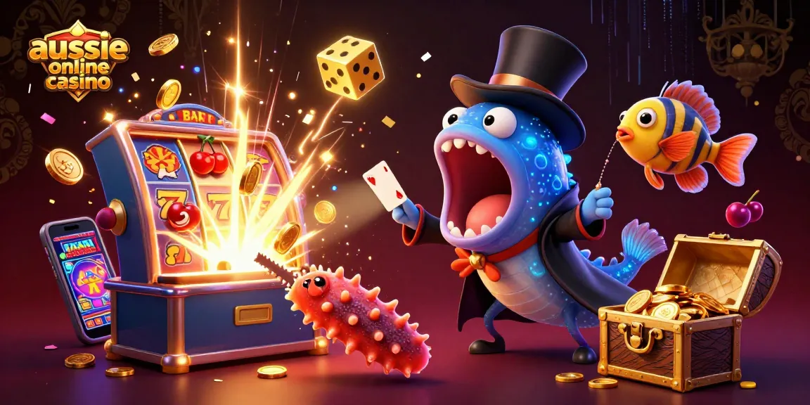 Aussie online casino features a captivating scene with a bioluminescent eel magician performing, surrounded by vibrant gambling elements.