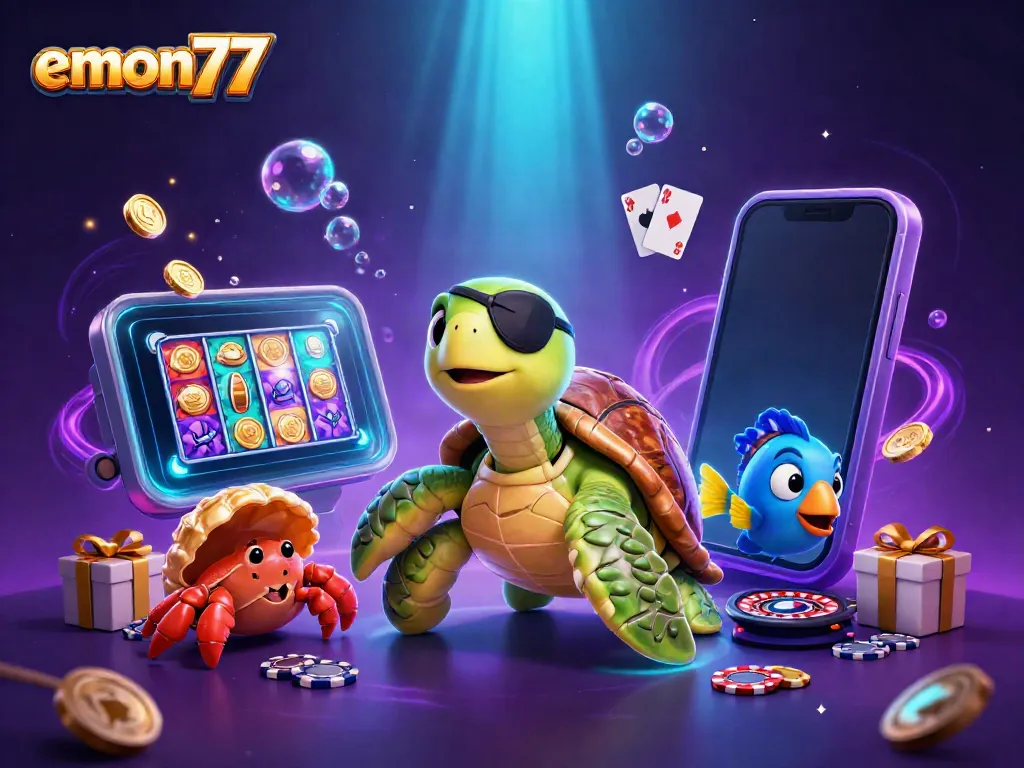 Spin the reels with emon77, featuring playful characters and vibrant casino elements in a captivating underwater scene.