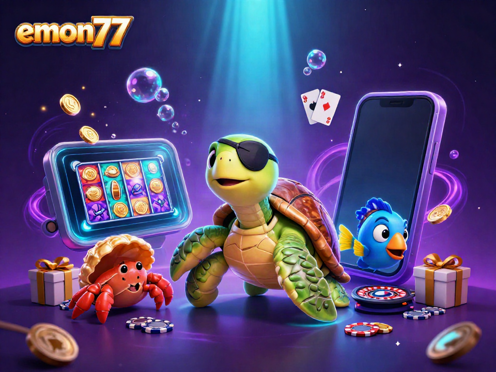 Spin the reels with emon77, featuring playful characters and vibrant casino elements in a captivating underwater scene.