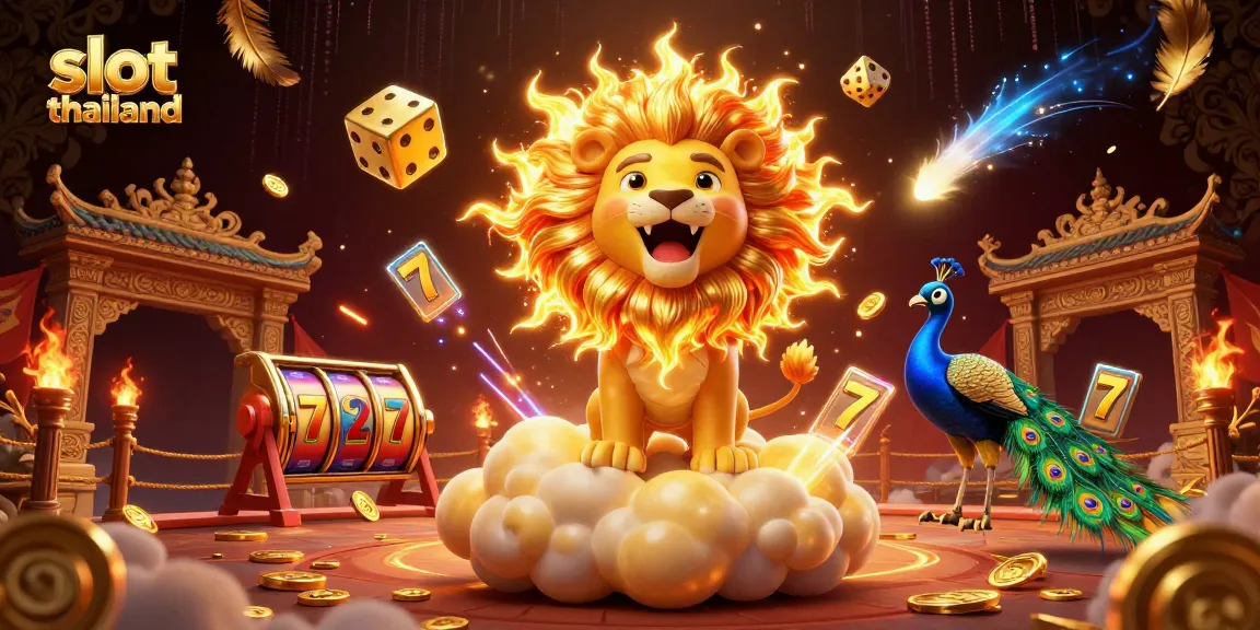 Experience the thrill of slot thailand with dynamic golden elements and a roaring sun lion in this vibrant 3D illustration.