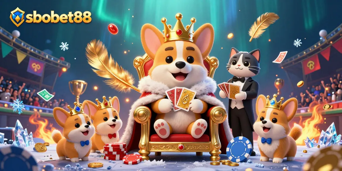 Experience sbobet88 with a royal corgi and cat butler in a vibrant sports betting scene.