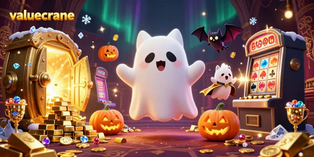 Gambar valuecrane menunjukkan kucing hantu dan kelelawar dalam kasino menakutkan, dikelilingi harta karun emas.